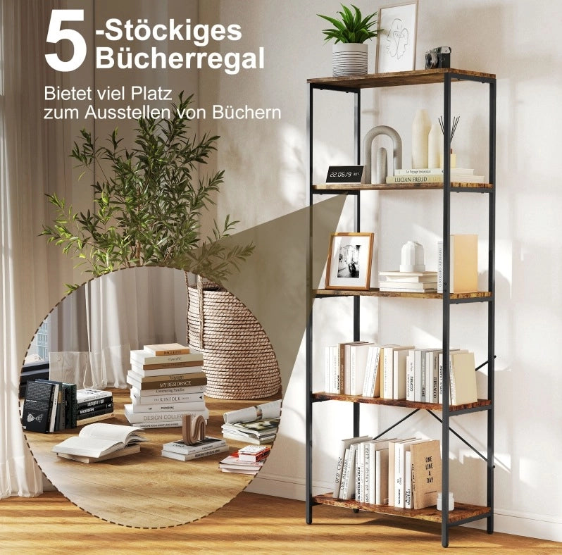 Libreria a 5 ripiani in metallo marrone rustico