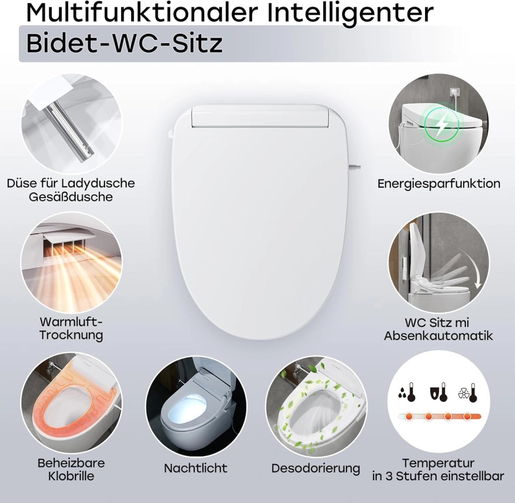 Copriwater intelligente con spruzzatore autopulente e installazione di asciugatura ad aria calda, sedile per doccia con luce notturna, deodorazione, risparmio energetico
