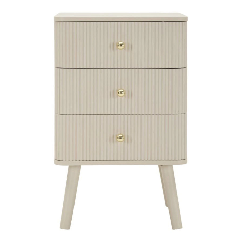 Comodino Shy a 3 cassetti in legno bianco e dettagli oro