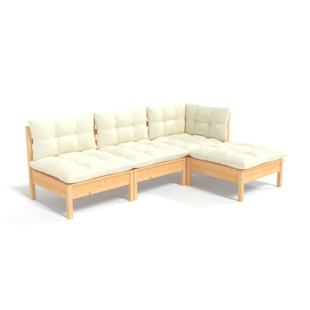 Set Salotto da Giardino 4 pz | Set di Mobili da Esterno con Cuscini Crema in Legno di Pino