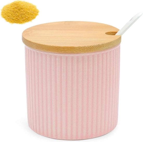 Sucriere in ceramica con cucchiaio e coperchio - per zucchero, sale, spezie - conservazione in cucina.