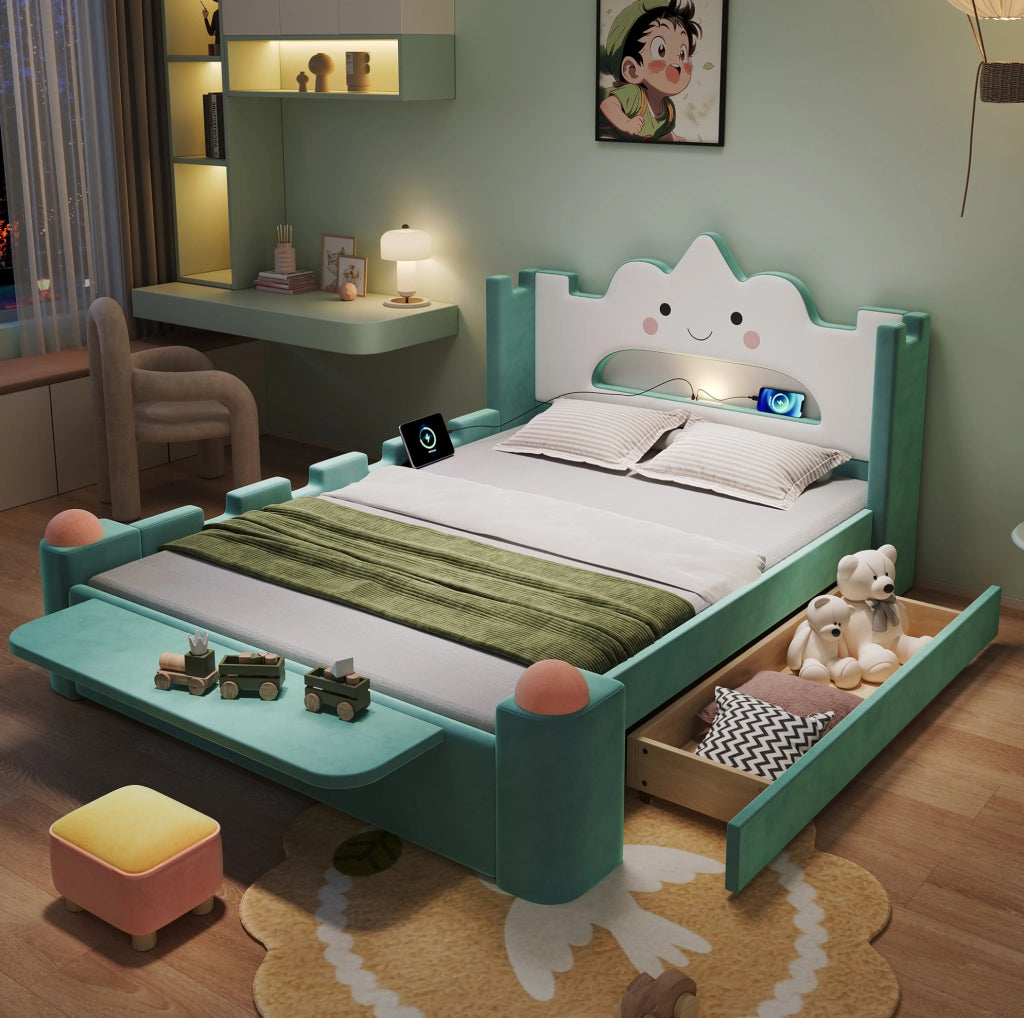 Letto imbottito per bambini con lampada LED e USB, contenitore e schienale a forma di nuvola