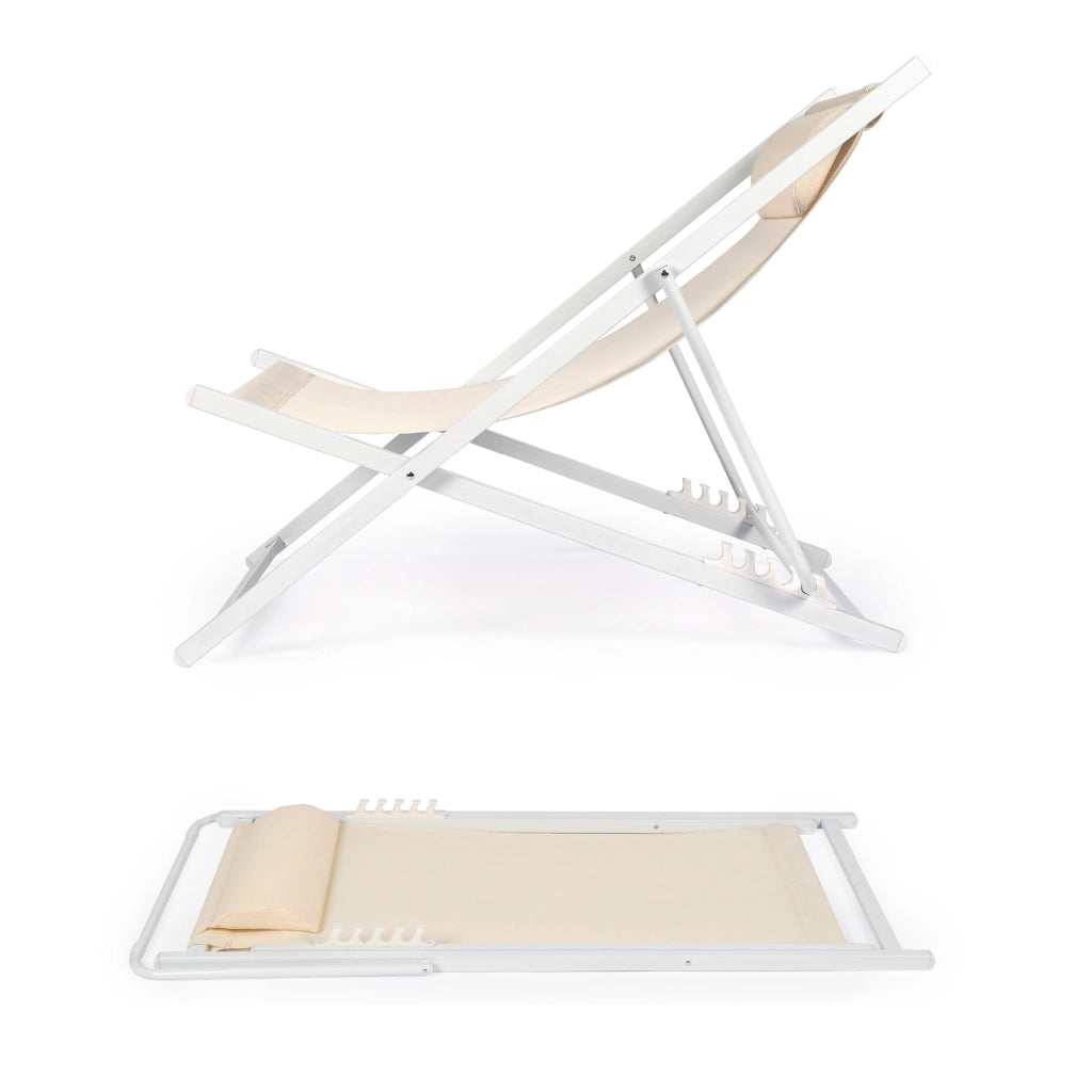 Set 2 Sdraio Mare Pieghevoli Reclinabili con Poggiatesta, Lettini da Spiaggia in Acciaio e Textilene, Sedie Relax per Giardino, Piscina, Terrazza e Campeggio, Beige Beige