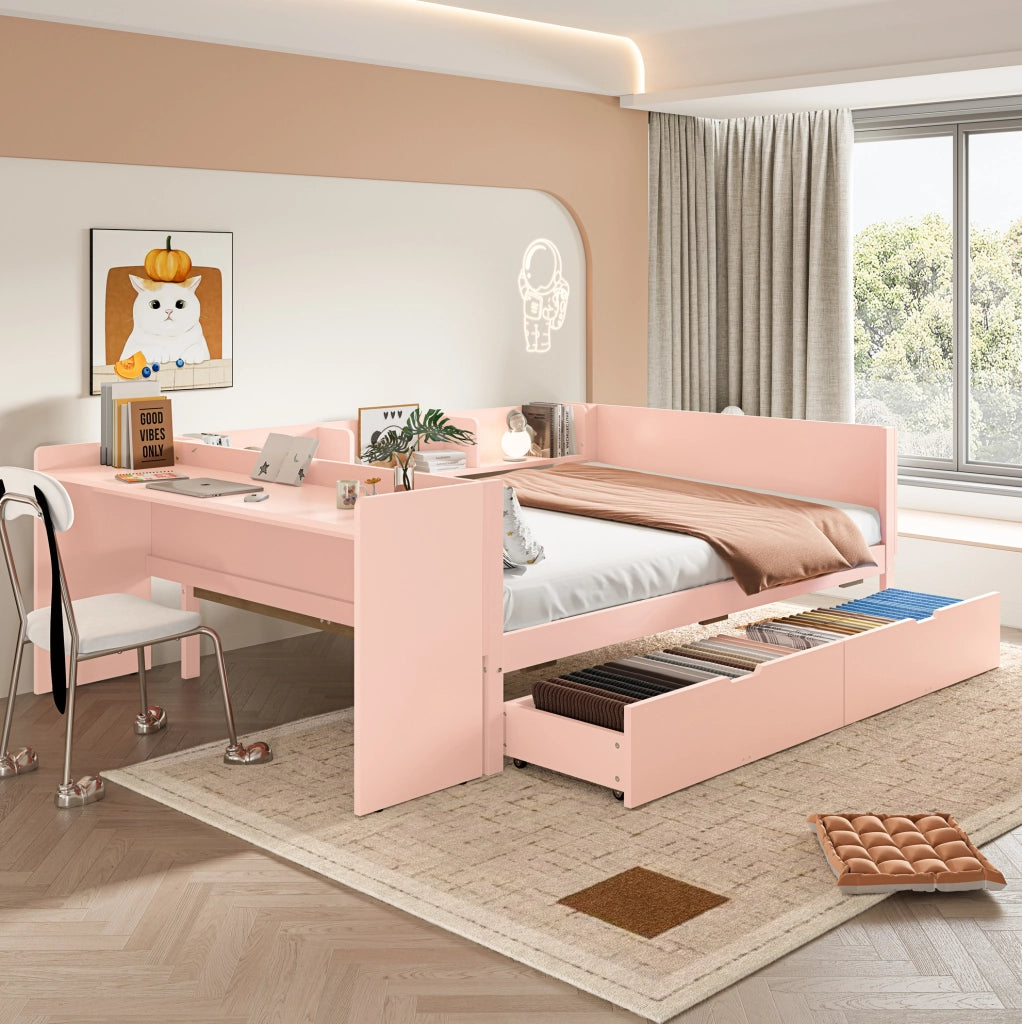 Letto matrimoniale ULEVR 140x200 cm con scrivania, 2 cassetti e 3 ripiani, rosa