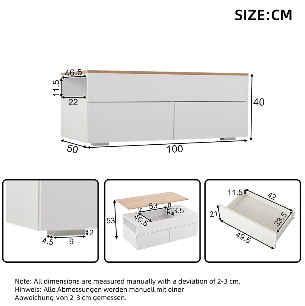 Tavolino da soggiorno sollevabile 100x50x40 cm in truciolare bianco con 2 cassetti