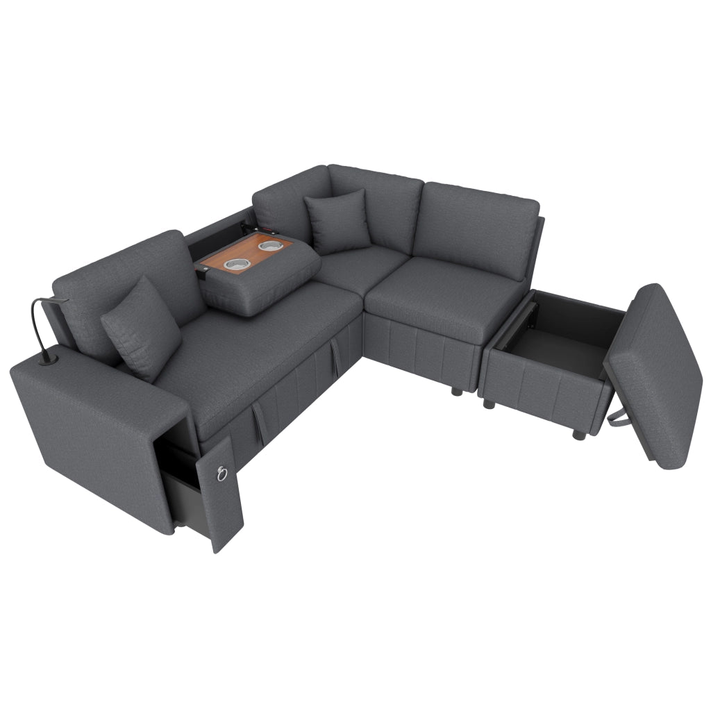 Divano letto angolare 5 posti con pouf contenitore; USB e Type-C grigio HOMVRA