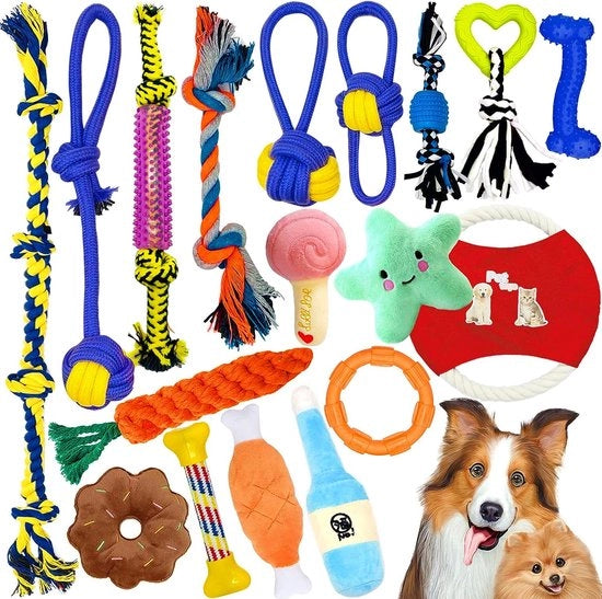 Giocattoli per cani - Corda robusta - Set di gioco interattivo - 18 pezzi - Per cani di piccola e media taglia