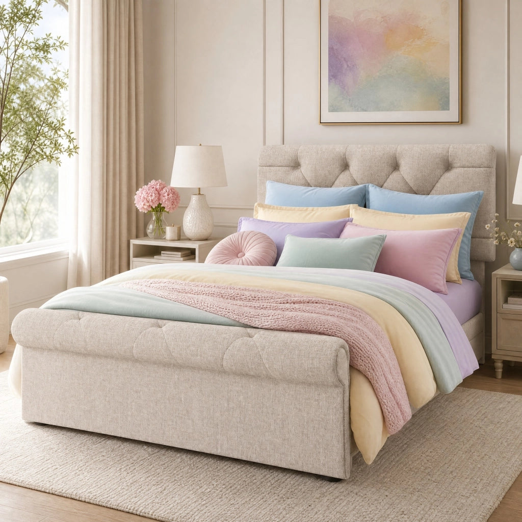Letto singolo imbottito 90x200 cm con 2 cassetti, testiera regolabile, naturale