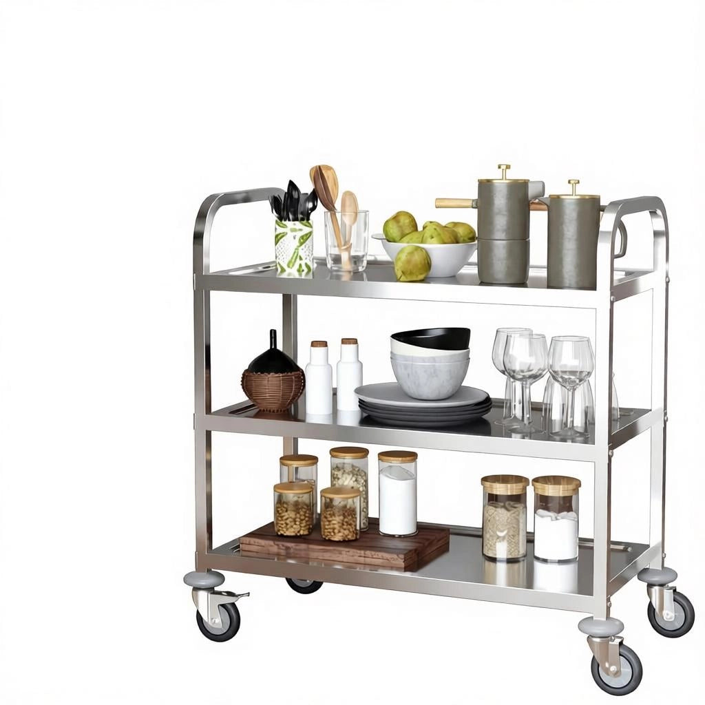 CARRELLO di servizio a 3 ripiani 90,5x50,5x88,2 cm in acciaio inox cromato