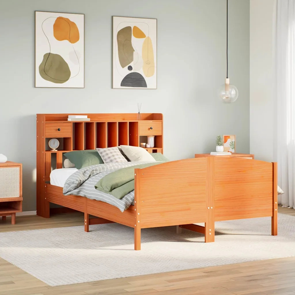 Letto Libreria senza Materasso Marrone Cera 160x200 cm in Pino