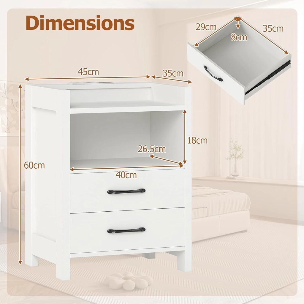Comodino con luce e stazione di ricarica, 16 colori di luce e 4 modalità, telecomando, elegante comodino con cassetti e vano aperto per soggiorno, camera da letto (bianco)