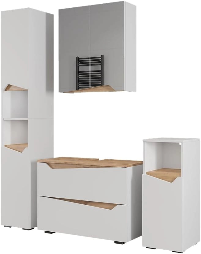 Set di mobili da bagno Marelle, Bianco, 80 cm, composto da mobile lavabo, pensile a specchio, colonna e base media