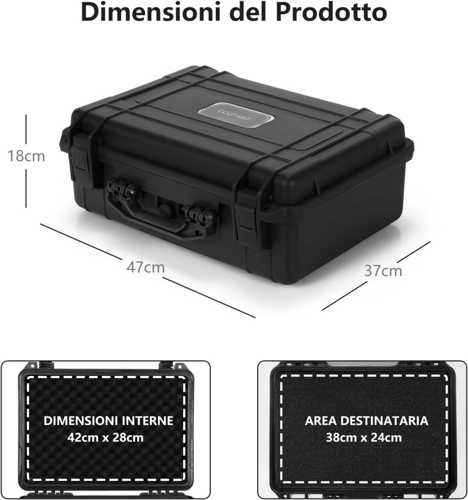 Valigetta per Macchina Fotografica Impermeabile, Custodia per Fotocamera con inserto in Schiuma Regolabile, Impermeabile IP66 e Antipolvere, 47 x 37 x 18 cm, Nero