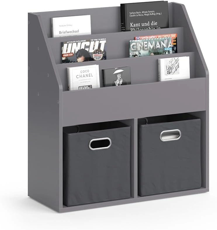 Libreria bambini Luigi, Grigio, 72 x 79 cm con 2 scatole pieghevoli opt.1, combinabile per riporre libri e giocattoli
