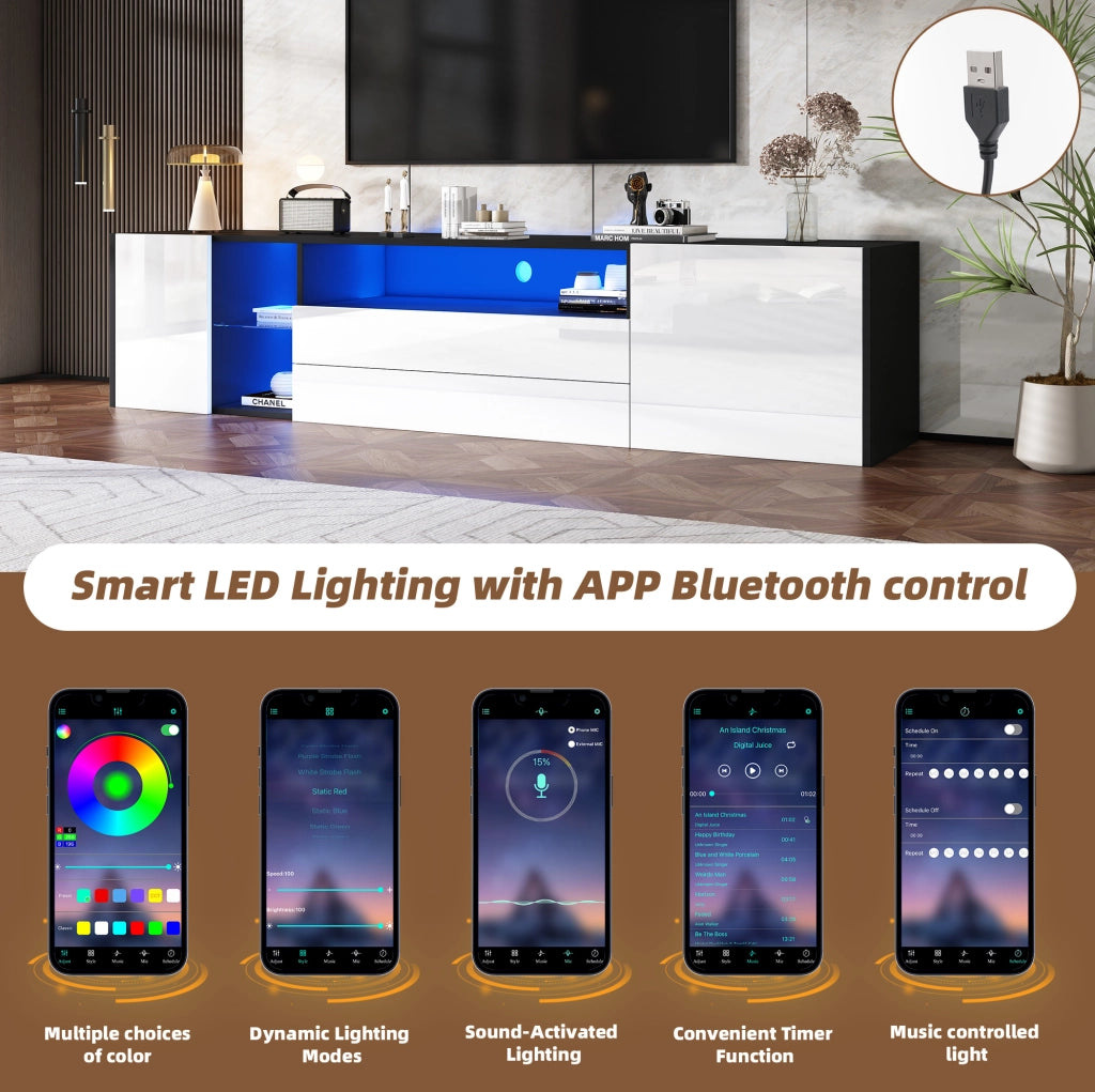 Mobile TV ULEVR 180x40x45 cm con LED controllabile via app, 2 cassetti e 2 vani chiusi, bianco e nero