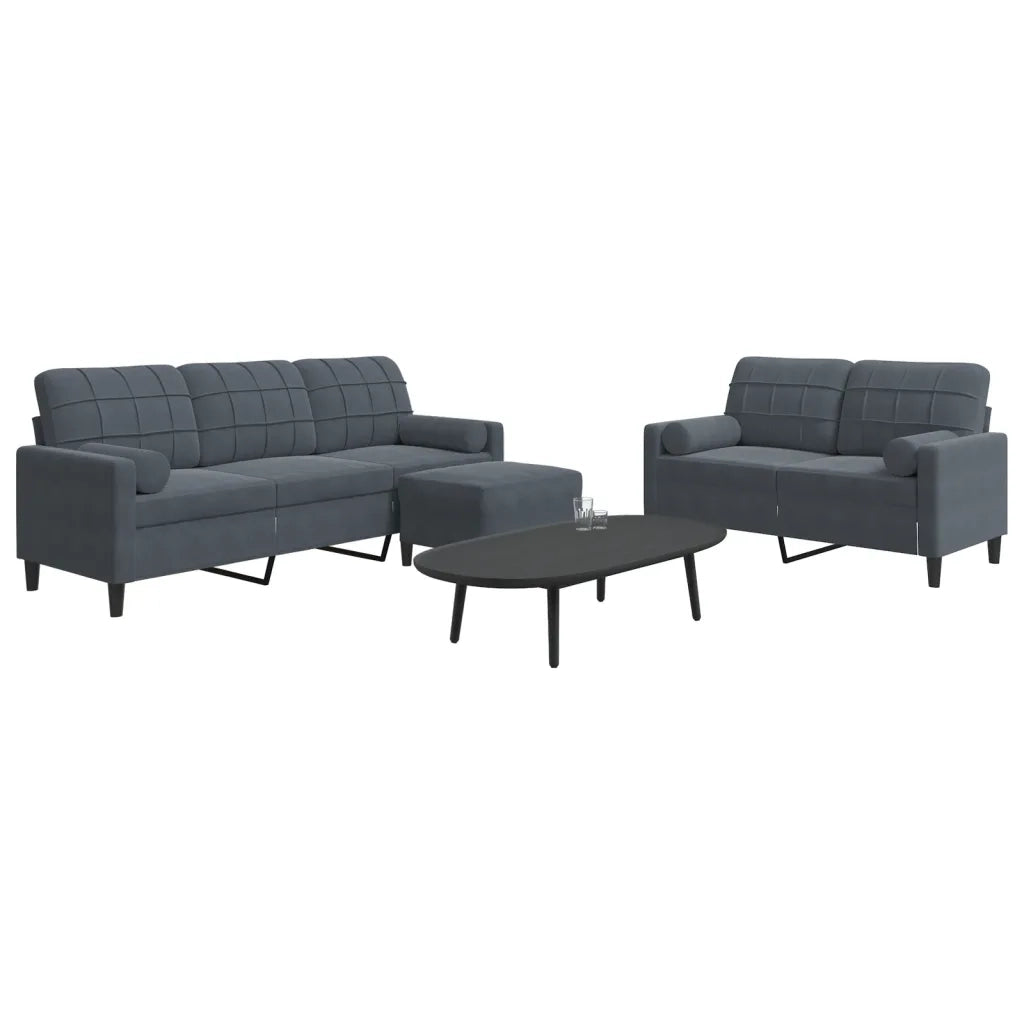 Set di Divani 3 pz con Cuscini e Rinforzi Grigio Scuro Velluto