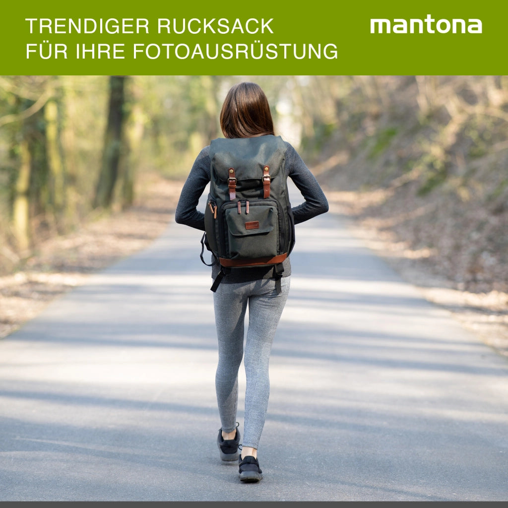 Mantona Luis Retro Zaino fotografico verde, per fotocamera con copertura antipioggia, borsa fotografica con scomparto per laptop, DSLR, 3 obiettivi e accessori fotografici