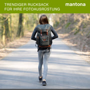Mantona Luis Retro Zaino fotografico verde, per fotocamera con copertura antipioggia, borsa fotografica con scomparto per laptop, DSLR, 3 obiettivi e accessori fotografici