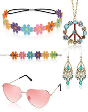 Accessori hippie 5 pezzi - Collana peace - Occhiali hippie - Orecchini - Fascia per capelli a fiori - Bracciale in stile anni '60/'70 - Abbigliamento hippie