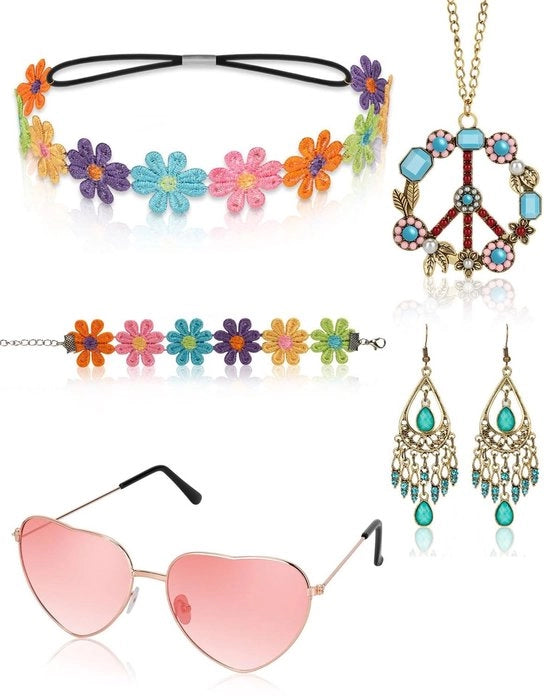 Accessori hippie 5 pezzi - Collana peace - Occhiali hippie - Orecchini - Fascia per capelli a fiori - Bracciale in stile anni '60/'70 - Abbigliamento hippie