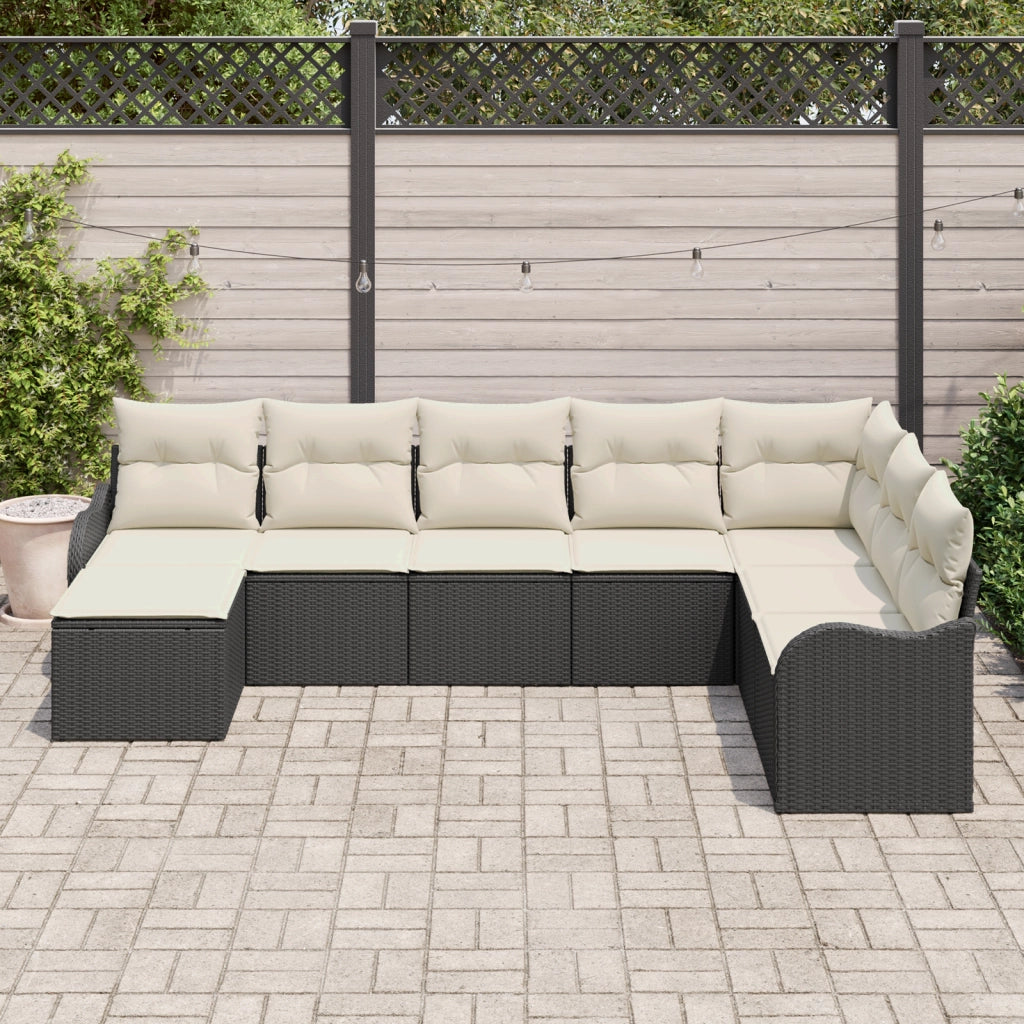 Set divano da giardino da 8 pezzi con cuscini in polyrattan nero