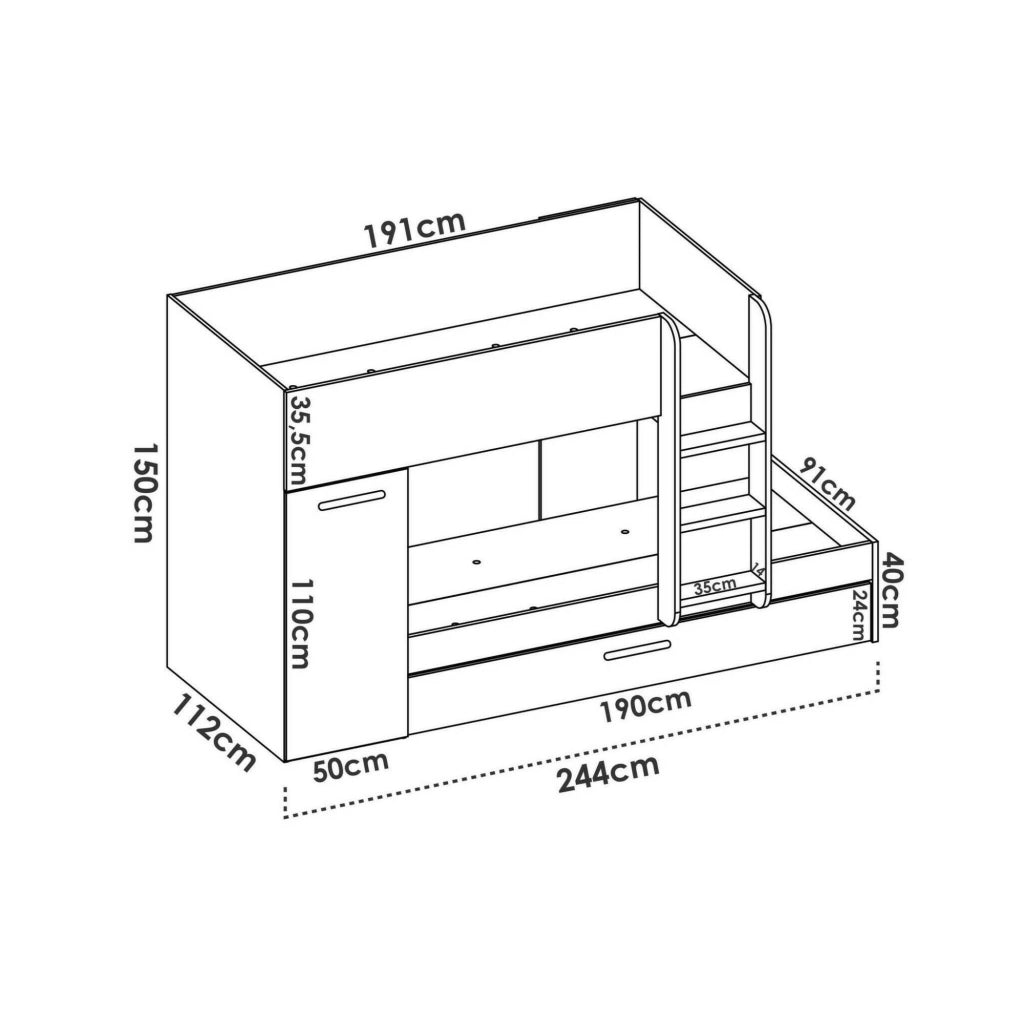 Composizione camera da letto Hikaa, Stanza da letto completa, Cameretta per bambini, Set per arredo a ponte, 244x112 h150 cm, Azzurro e Bianco