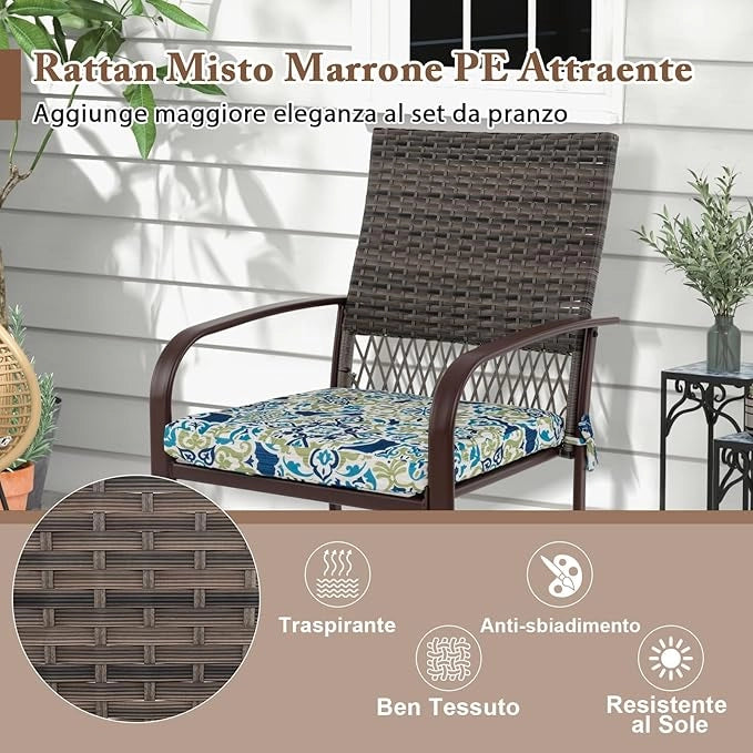Set 5 Pezzi Tavolo e Sedie da Esterno, Tavolo Quadtato con Piano in Legno Plastica e Foroe per Ombrellone e 4 Poltrone in Rattan con Cuscini, Mobile per Giardino, Terrazza e Bordo Piscina