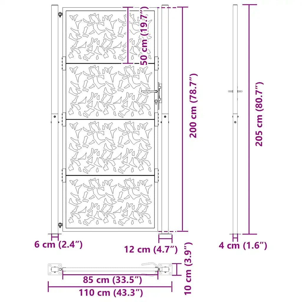 Cancello da giardino nero 100x200 cm in acciaio con design a foglia 4100963