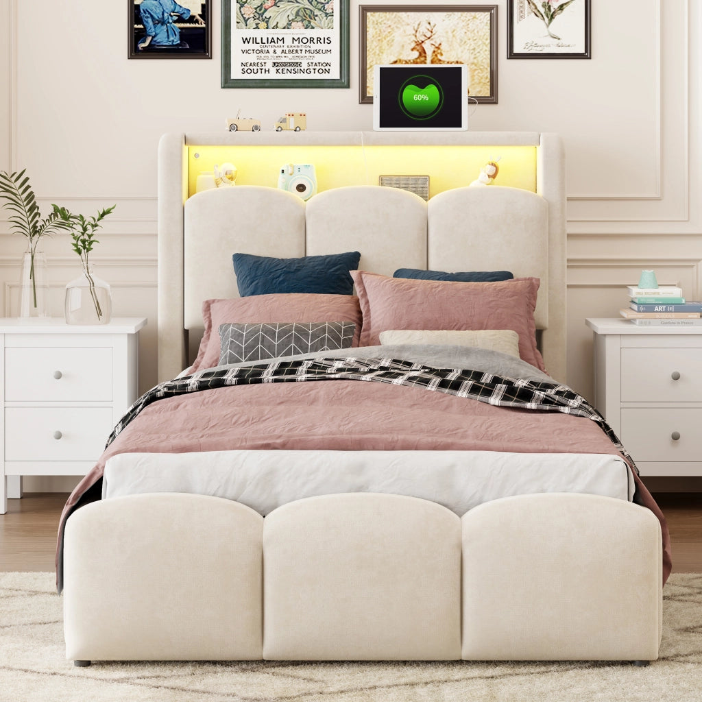Letto imbottito per bambini con contenitore idraulico, USB-C e LED, 90x200 cm, velluto beige