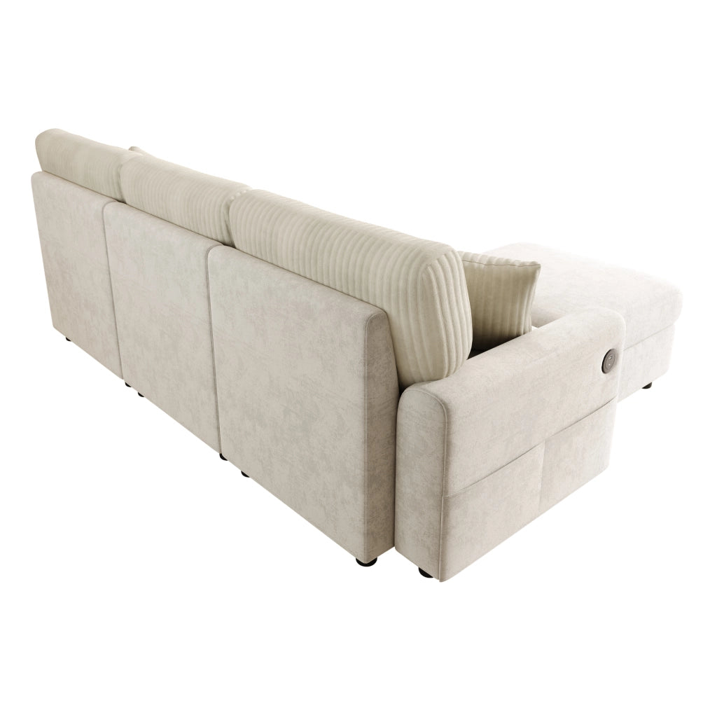 Sofa moderno con poggiapiedi; 2 cuscini; USB e Type-C; 223x146x84 cm; beige