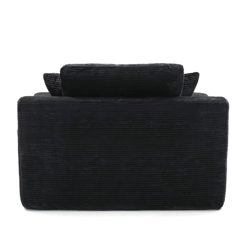 Divano in corduroy nero con tasche laterali, cuscini inclusi e imbottitura in schiuma ad alta densità