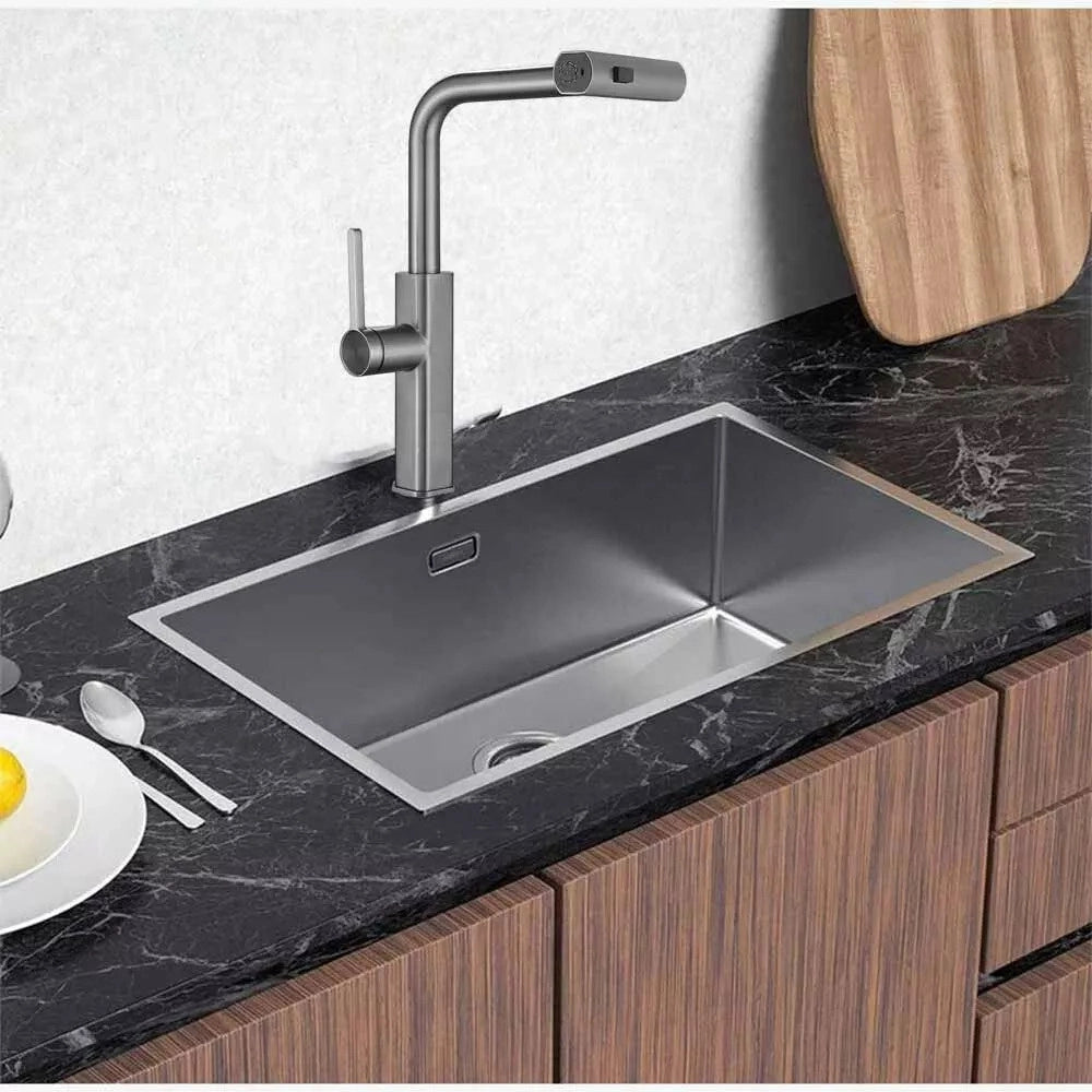 Trade Shop - Rubinetto Cucina Estraibile Con Erogatore Girevole 2 Getti Acciaio Satinato 87257 -