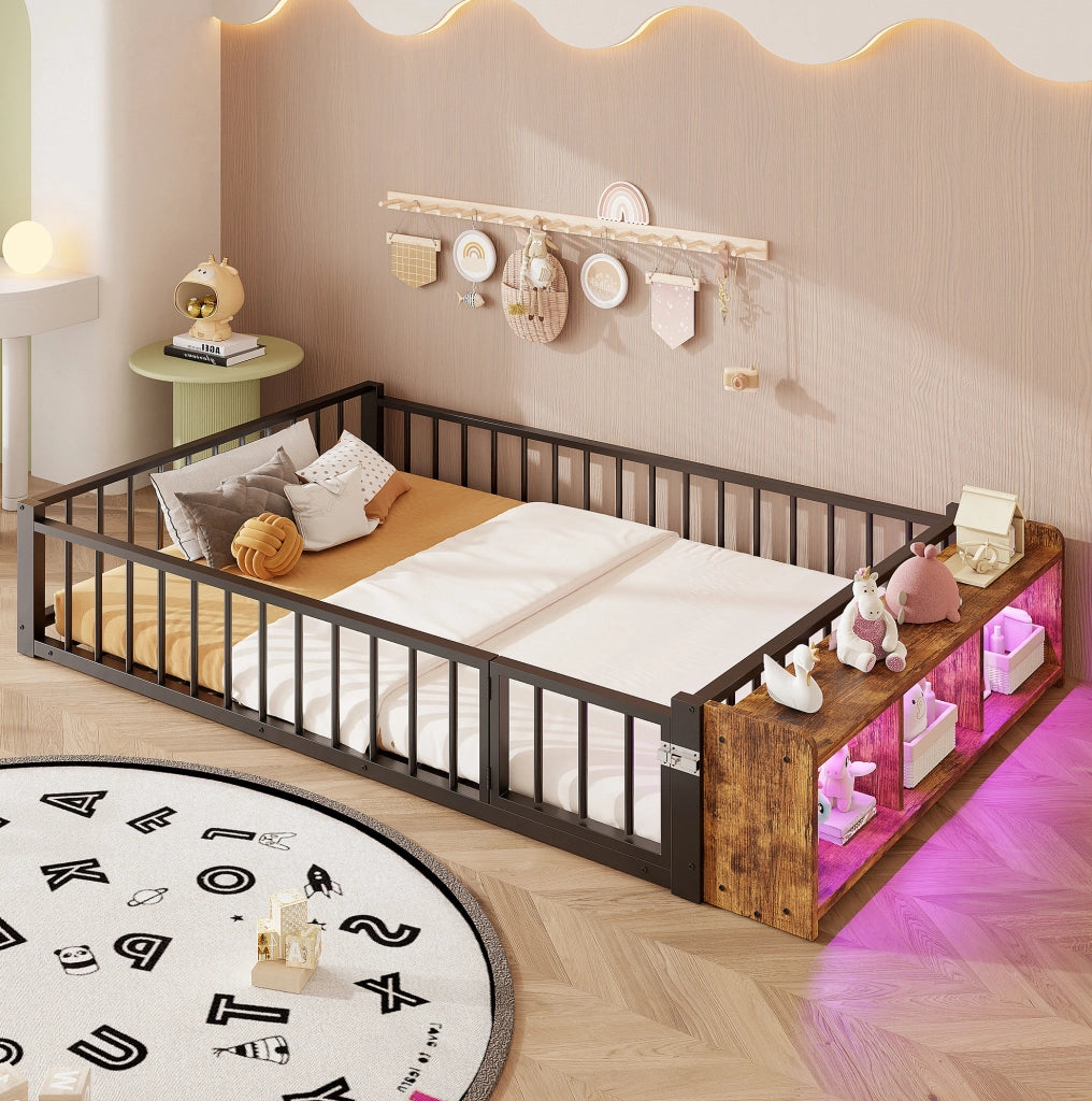 Letto singolo 140x200 cm in metallo e MDF con sponda di sicurezza; vano a giorno e LED; nero