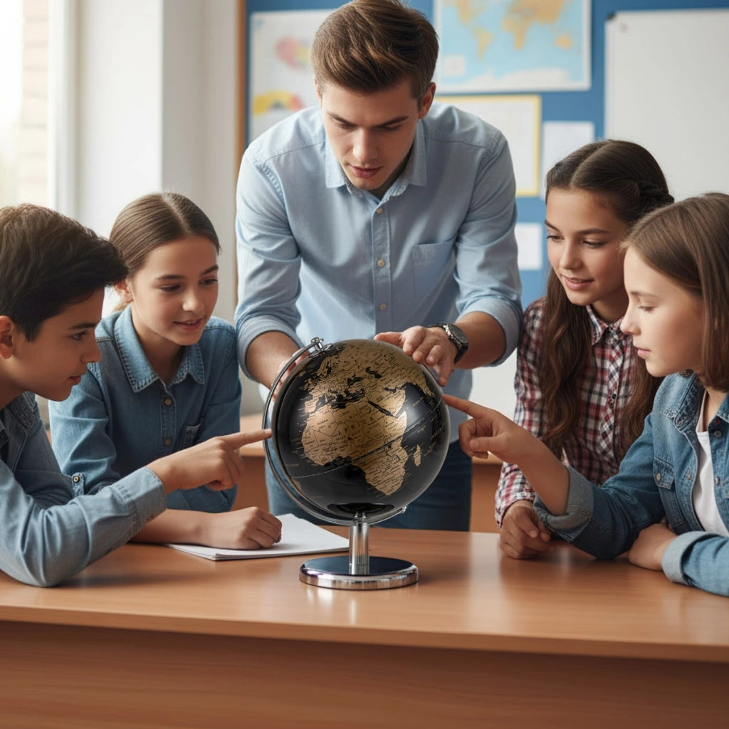 Mappamondo metallico nero con base in metallo, Mappamondo globo terrestre rotante per scrivania Nero e oro-Decorazioni casa