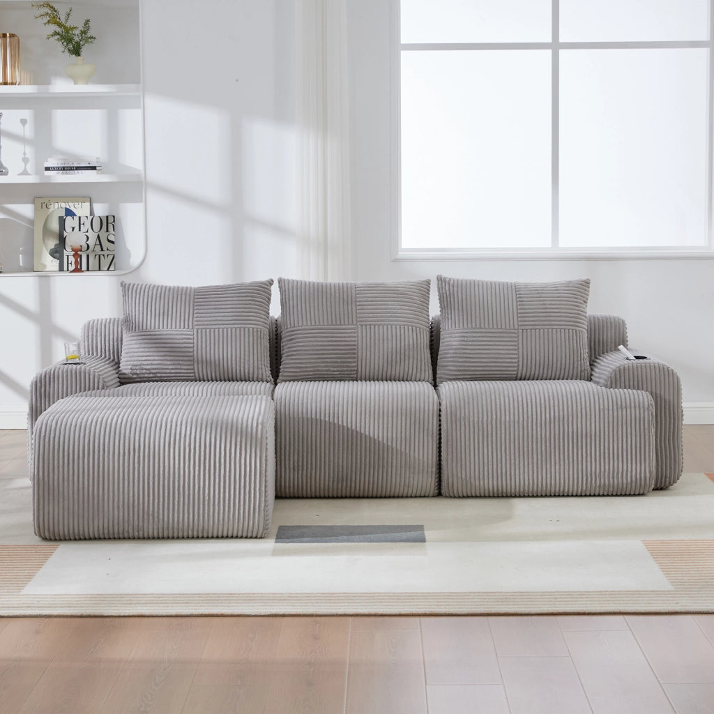 Divano modulare 3 posti corduroy grigio chiaro con porta lattine e tasca laterale