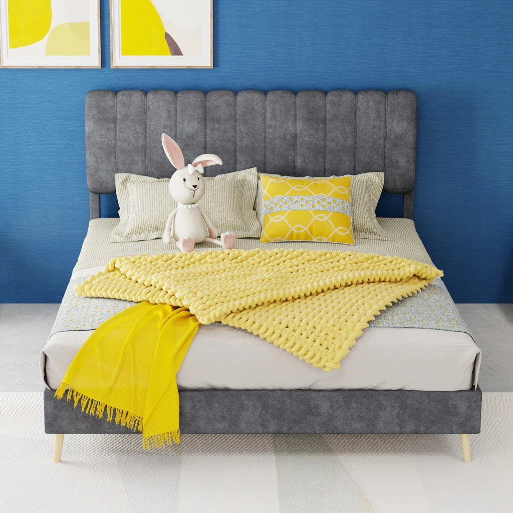 Letto matrimoniale imbottito 140x200 cm in velluto grigio con testiera morbida