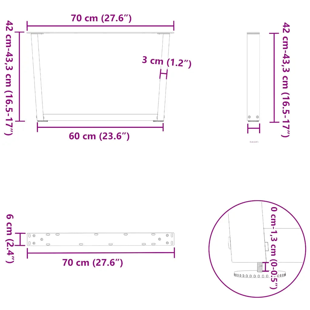 vidaXL Gambe per Tavolino da Caffè a Forma di V 2 pz Nere 70x(42-43,3) cm Acciaio