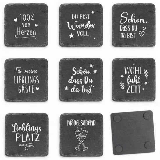 Set di 8 assi di sostegno in legno - assi di sostegno con frasi - 9,5 x 9,5 cm - antiscivolo, decorativo, stile in tavola per ospiti e casa
