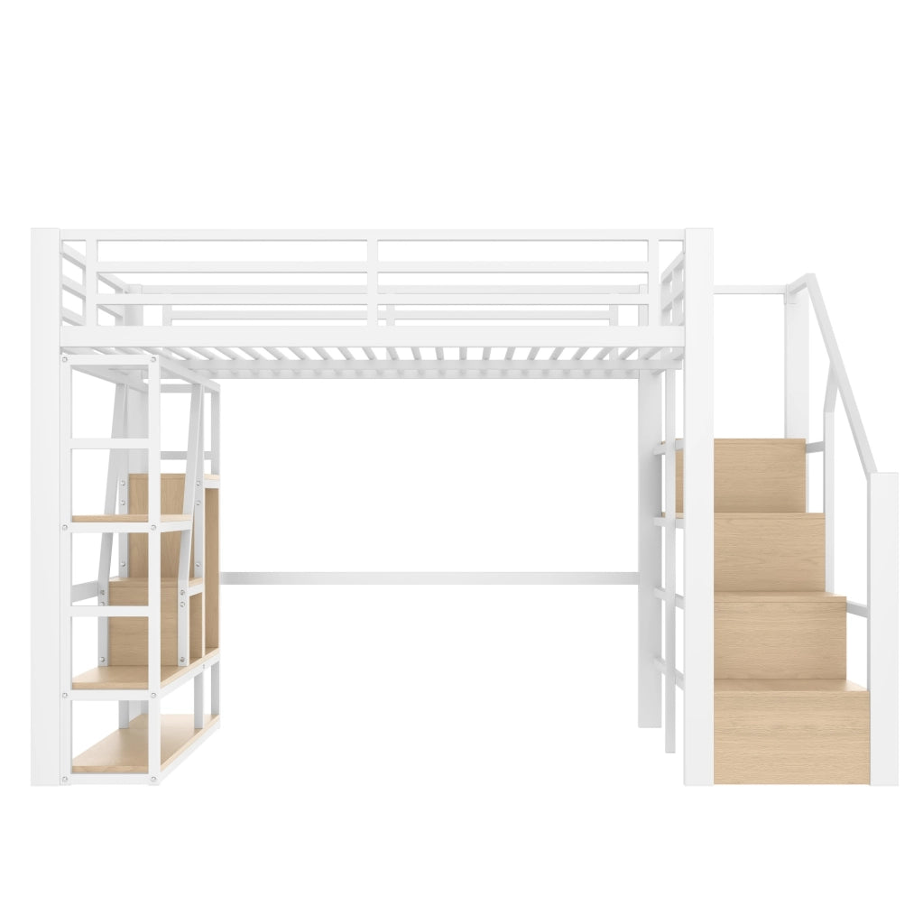 Letto a soppalco ULEVR 140x200 cm con LED multicolore, scaletta con vani e protezioni, bianco
