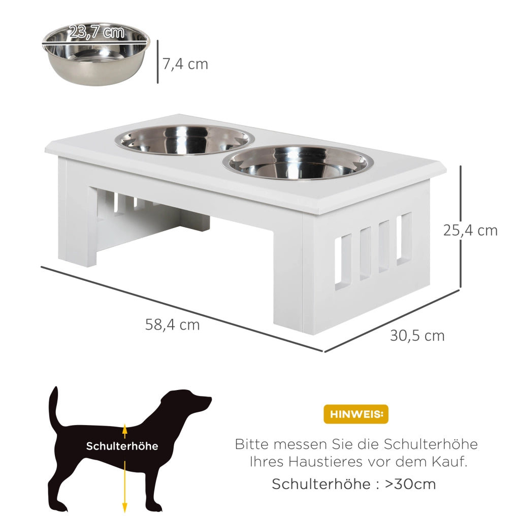 Scaffale con due ciotole rialzate in MDF e acciaio inox bianco per acqua e cibo per cani 58,4 × 30,5 × 25,4 cm
