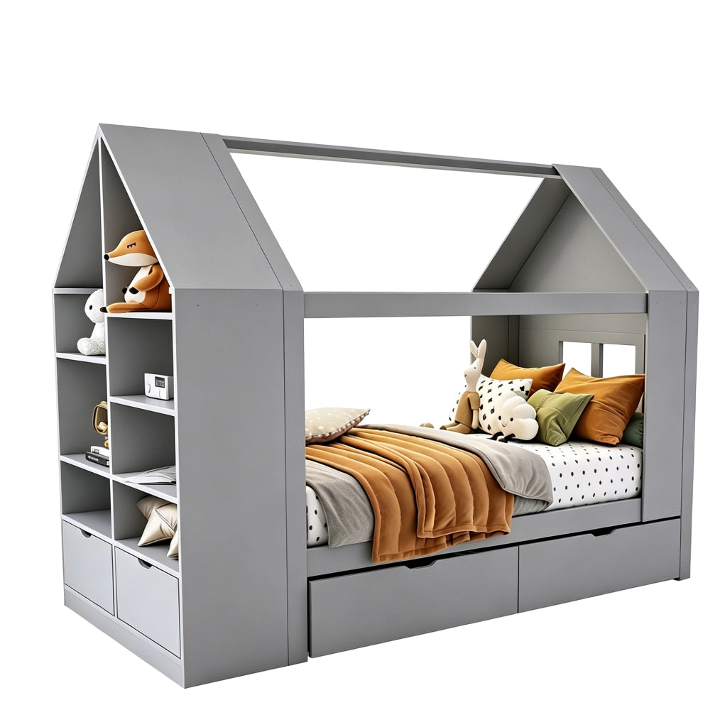 Letto per bambini a forma di casa 90x200 cm con LED; 2 cassetti e vano contenitore; grigio