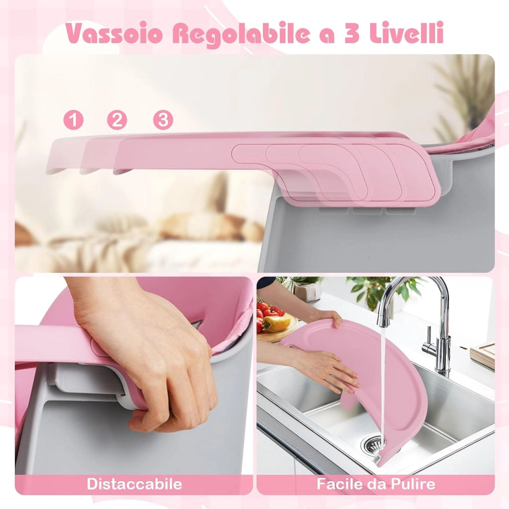 Seggiolone Pappa Bambini, con Cintura e Vassoio Rimovibile (Rosa) | Sedia Evolutiva per Neonati 6-36 Mesi con Cintura e Vassoio Rimovibile, 3 Giochi e Cestino