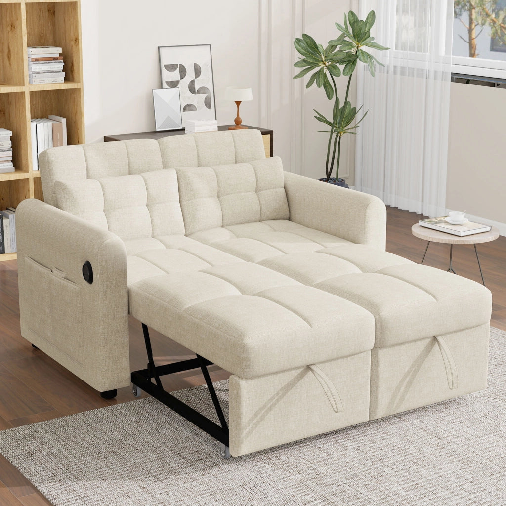 Divano letto 2 posti - con schienale regolabile; USB e tasche laterali - beige in cotone e lino