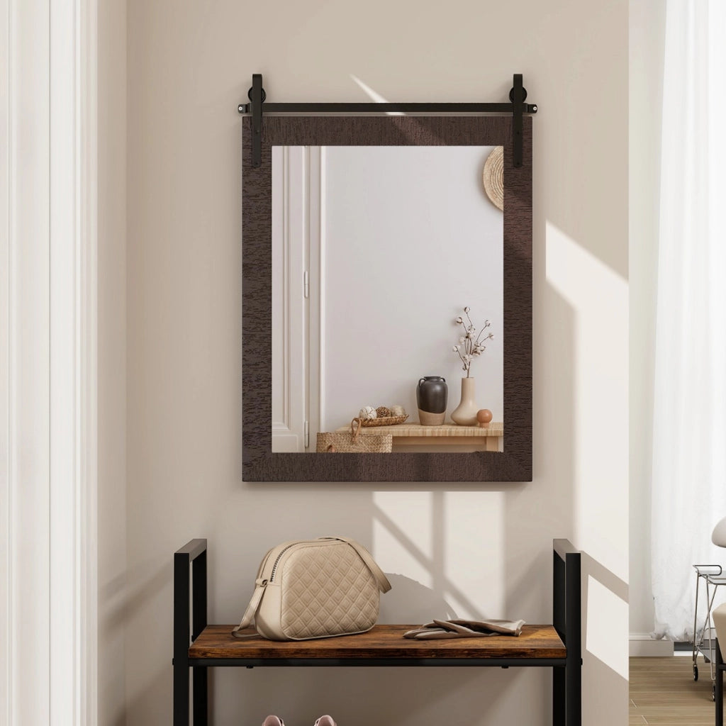 Specchio a parete farmhouse 76,5x56cm, Specchio a muro rettangolare con cornice in legno staffa in metallo Noce-Specchi da parete