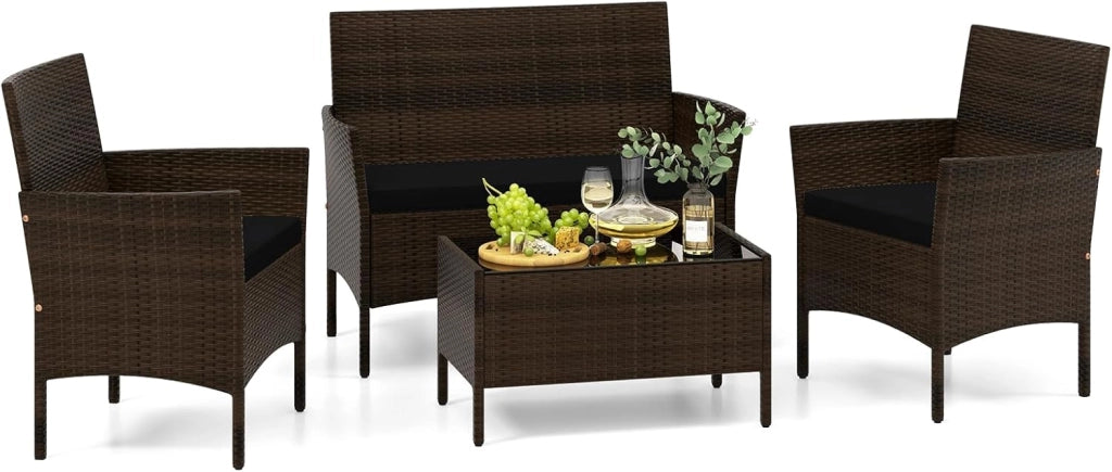 Set di Salotto da Giardino in Rattan 4 Pezzi, Set Mobili da Esterno in Vimini con Cuscini Morbidi, Divanetto e Poltrona con Tavolo in Vetro Temperato per Giardino e Veranda (Grigio)