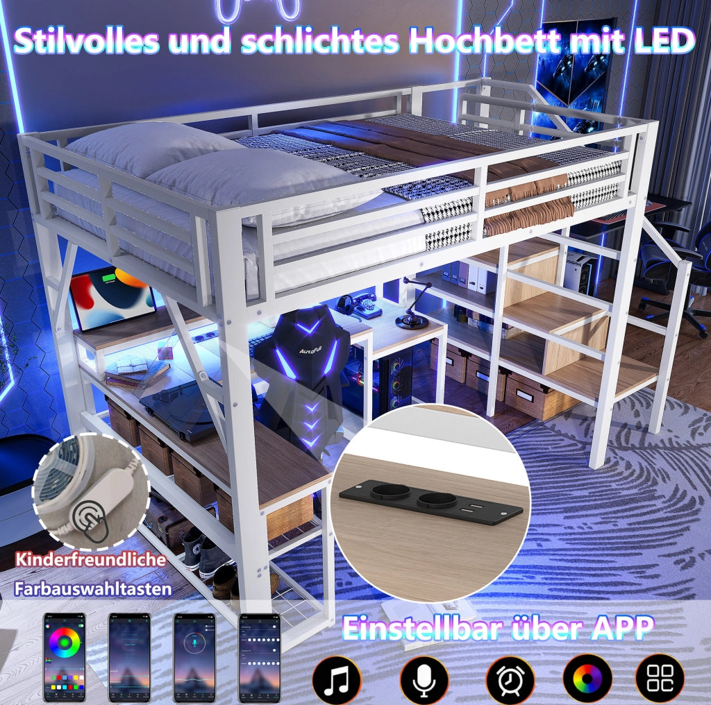 Letto a soppalco 140x200 cm con scrivania LED e USB bianco