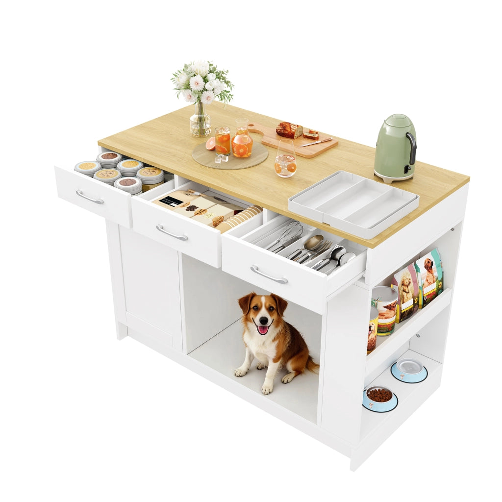 Carrello da cucina con 3 cassetti, 1 porta spezie, ripiano regolabile e area per animali, bianco