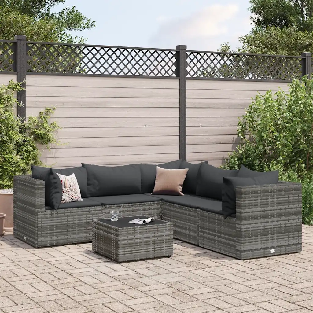 Set Divani da Giardino 6 pz con Cuscini in Polyrattan Grigio