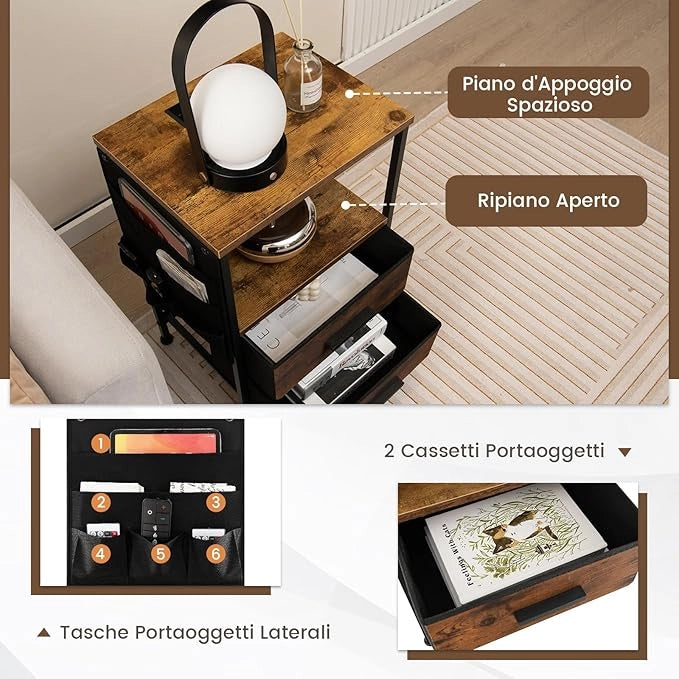 Tavolino con 2 Cassetti e 6 Tasche Laterali, Tavolino Versatile con Porte USB e Prese AC, Tavolino da Salotto e Camera da Letto, Marrone (38 x 30 x 60 cm, 2)