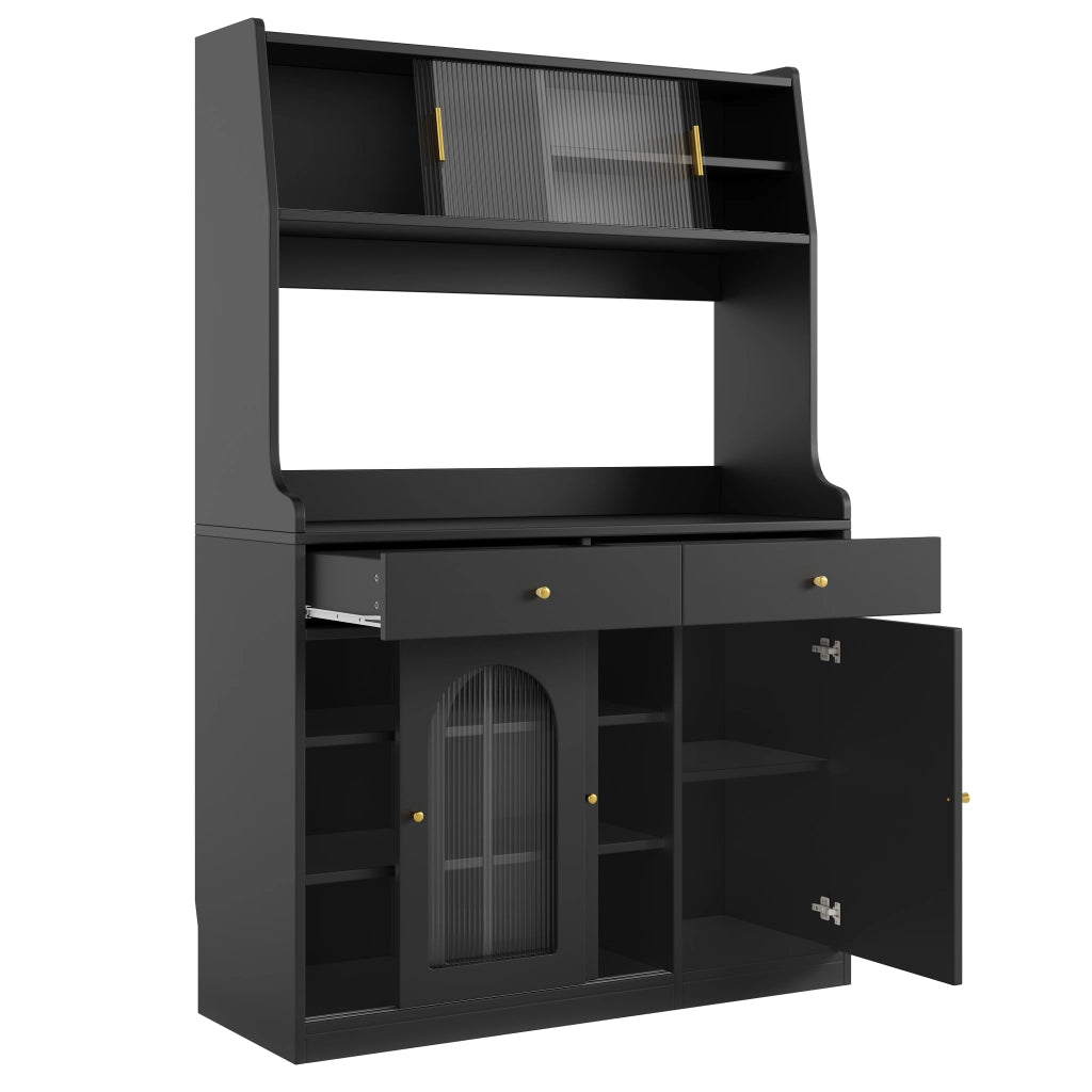 Credenza Alta da Cucina con 2 Cassetti e Ripiani Regolabili con LED per Cucina in MDF e Pannelli di Particelle Nero 120x40x180 cm